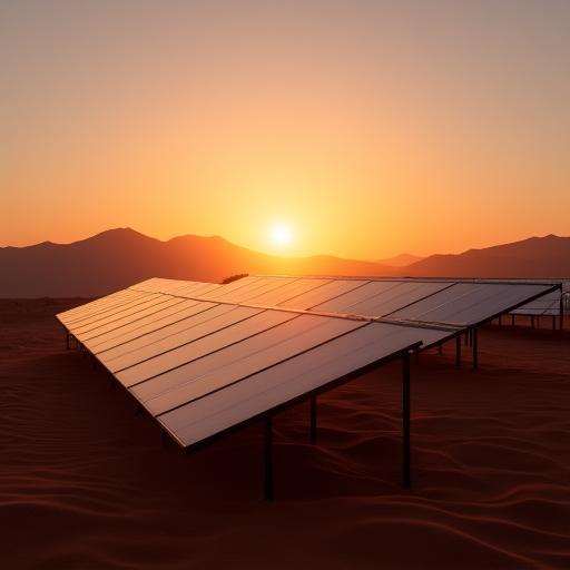 Solar panels installation in a desert landscape at sunset